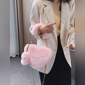 NEW Pink Faux Fur Heart-Shaped Crossbody Bag with pompons